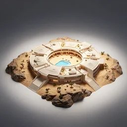 architectural model, isometric view, 3 d render, studio lighting, low contrast, brightly lit studio, highly detailed, a circular house with circular courtyards, pool, on rocks on a desert
