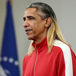barack obama with a long blonde hair and a diamond ear ring wearing a red track suit.