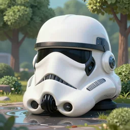 concept art of huge trooper helmet, trees, puddles of water, bushes and leafs, by filip hoda, beeple, greg rutkowski, octane render, cryengine, details, hyper realistic