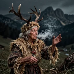 1 9 2 0 s spirit portrait photography of an old female farmer turning into a krampus ghost with hay cloth and antlers in the dolomites, smoking from mouth, casting a root spell, inviting hand, witchy, wicca, by william hope, dark, eerie, grainy
