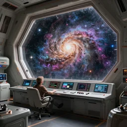 a control room in a spacestation, nebula outside giant window, intense sci - fi details, realism, stunning photo - quality, bright and happy, movie - quality, futuristic, technology, cinematic atmosphere, muted colours, guardians of the galaxy - style 4 k, arnold render, trending on artstation, cgsociety