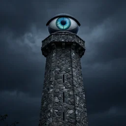 a high tower made of stone, there is an evil cat eye at the top, dark atmosphere