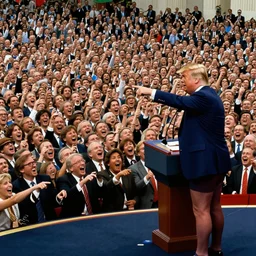 enoumous crowd of millions of people, everyone is laughing and pointing at donald trump on a podium. he is not wearing pants and his legs are visible. style of salvador dali.