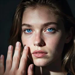 Kodak Portra 400, 8K, highly detailed, britt marling style 3/4 extreme closeup portrait of a extremely beautiful girl with blue eyes and light brown hair, clear eyes, four fingers maximum, high light on the left, non-illuminated backdrop, illuminated by a dramatic light, Low key lighting, light dark, High constrast, dramatic , nina masic ,Flora Borsi, Alessio Albi, Steve Mccurry, Lee Jeffries , Norman Rockwell, Craig Mulins, dark background, high quality, photo-realistic, 8K