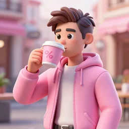 portrait of a ( ( ( large pink taza de cafe ) ) ), ( ( dotado futuristic guapo y joven espanol ) ), drinking coffee, 3 d photorealistic, concept character, by filip hodas, trending on artstation