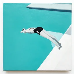 acrylic painting on wood of a woman wearing a swimming cap diving from a high diving board into a pool. the pool is out of frame. teal, white, black and grayscale. simple. flat. 1 9 6 2