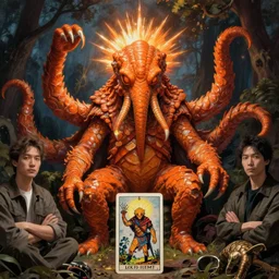 tarot zoological portrait of orange cthulhu by kuldar leement and ruan jia and brad rigney and micha karcz and brad rigney