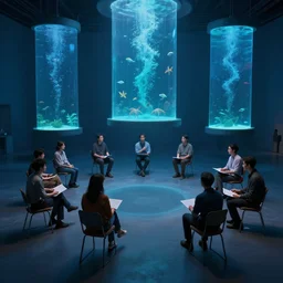 3 d concept, a lot of people communicating with each other in groups of ten, a large hall, dim painterly lighting volumetric aquatics