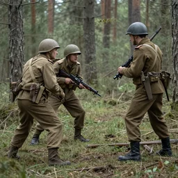 ww 2 battlefield encounter in the woods between 2 american soldiers and a german soldier