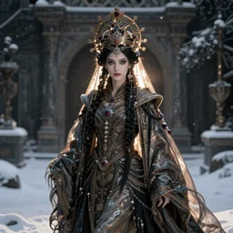 goth queen of winter in the snow by Annie Swynnerton and Nicholas Roerich, strong dramatic cinematic lighting , ornate headdress , flowing robes, lost civilizations, smooth, sharp focus, extremely detailed