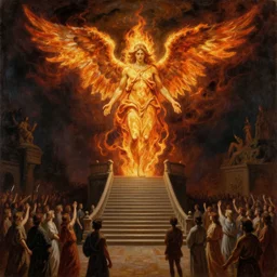 Oil painting of a flaming angel standing on top of the stairway to heaven, a crowd gathers in the plaza below, harsh lighting in the style of Rembrandt.
