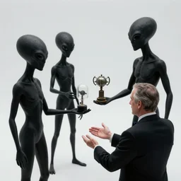 aliens in black handing over artifacts and technology to a politician, inspired by mark ryden, concept art, digital art
