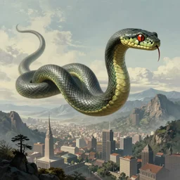 A giant snake flying through the mountains, with a city in the background, inspired by the artwork of H. R. Giger and Zdzislaw Beksinski