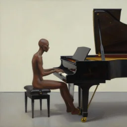painting of a man sitting at a grand piano, but not playing. he's looking into the void. by antony gormley
