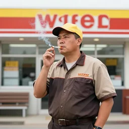 real photograph of a wafflehouse employee standing outside smoking a cigarette in front of wafflehouse with clear view of the interior that has customers dining within, his uniform is blue shirt black hat, black apron and black pants, wafflehouse advertising photograph