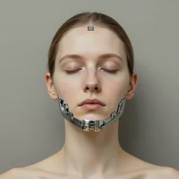 cybernetic implants on face, metal jaw, usb port on forehead, portrait by jenny saville, calm, serene, relaxing, muted, naturalistic, minimalist