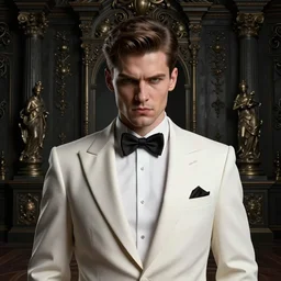 portrait of arrogant powerful young man with white tuxedo, by greg rutkowski, by zdzislaw beksinski, very detailed, ornate, intricate, octane render, dark color lighting, volumetric lighting, 8 5 mm