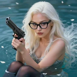 a beautiful + blonde + dragon queen + white hair + cool black glasses + holding pistol + tights + ana de armas + dream water, beautiful smooth soft light + white petal, oil paint, cinematic lighting, octane render, unreal engine 5, closeup, 4 k, highly detailed, instagram,