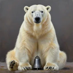 an extremely well painted and super detailed oil painting of mighty polar bear sitting with round bell between its legs, professional painting by beeple, dynamic lighting, trending on artstation, octane render, realistic fur, sharp focus