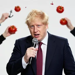 boris johnson singing on americas got talent with a microphone | tomatoes and anchors being thrown 4 k photograph