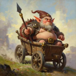 painting of fat goblin riding down a hill in a rickety wooden cart holding a lance, fantasy art, magic : the gathering art, by diterlizzi