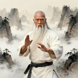 portrait of a kung - fu master, long white beard, mountains, clouds, art by ross tran and by greg rutkowski