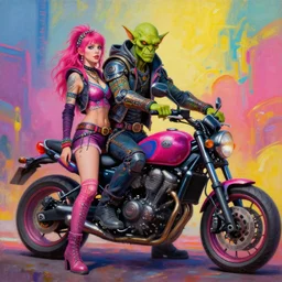 a scifi post apocalyptic orc biker with his girlfriend posing with a motorcycle, psychedelic vibrant colors, futuristic punk rock fashion, oil painting by michael whelan art, sharp focus, realistic, highly detailed, 8 k