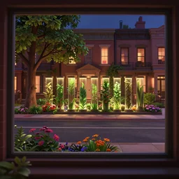 brownstone residential landscape lined up in a straight line like the background of pixar animation, a two - lane road, flowers in a flower bed, a big tree by the side of the road, and a warm and comfortable atmosphere, 4 k imax, lit from below, plant forest in glass tubes, underlight, moody iconic scene, a window frame into space 3 d animation background, 3 5