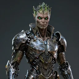 human goth groot ; adult male 3 0 years ; glowing green eyes ; smug ; sharp facial features ; slender ; vampire ; wearing a high tech set of metal armour ; robot ; trending on artstation ; high detail ; digital art