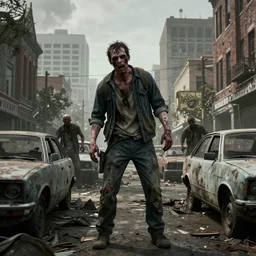 Zombie apocalypse, city, zombies in the streets, abandoned vehicles in the streets, Octane Render