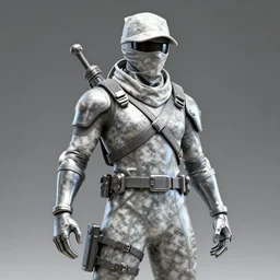 3 d rendering of marble and chrome statue of ninja wearing full face mask and hunter hat, combat suit, technological, octane render