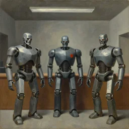 three brutalist robot judges in a vaulted court, grant wood, pj crook, edward hopper, oil on canvas
