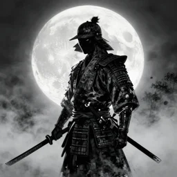 '2d design graphic a samurai in the night ,big white moon background , gloomy and foggy atmosphere, octane render, horror scene, highly detailded , black and white ink '