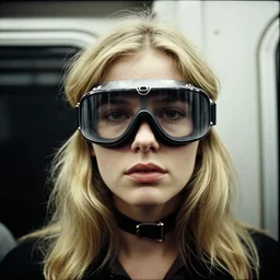close - up portrait of a young blonde woman wearing a choker and welding goggles, in a subway, richard avedon, tri - x pan