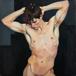 abstract depiction of the physique of one thin athletic man posing dramatically, closeup, matte colors, conrad roset, dark abstract background, minimalist painting trending on artstation