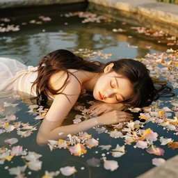 nayeon, sleeping and floating in a pond filled with petals, 5 0 mm, f / 1. 8, golden hour
