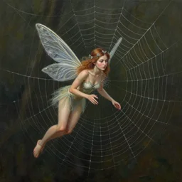 a fairy trapped in a spider web in the style of John Kenn Mortensen, realistic painting, high definition, digital art, matte painting, very detailed, realistic