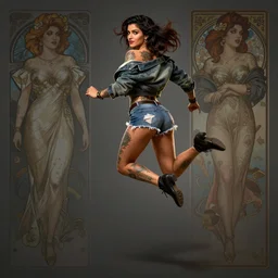 tattooed pinup sexy girl freida pinto wearing a jacket and ripped shorts running and jumping, character sheet, contrast, deep focus, turnaround, highly detailed, dramatic lighting, rear view, ultra wide angle, digital painting, artstation, concept art, matte, sharp focus, illustration, elegant, art by artgerm and greg rutkowski and alphonse mucha.