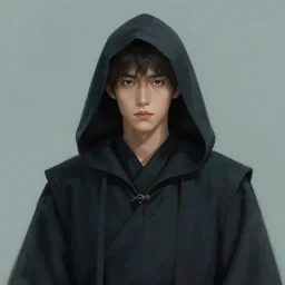 digital art portrait of a young man in dark robes, hooded