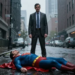 mr rogers stands above the corpse of superman, rainy, tragic