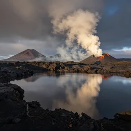 landscape photography by marc adamus, lava lake, dramatic lighting, volcanoes, smoke, beautiful, reflections, shadows, greg rutkowski