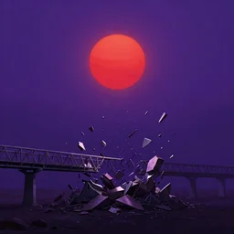 a dark matter of purple sky with a red sun falls to the ground and breaks into fragments, metallic bridge, futurism, schizophrenia, hyperrealistic fall