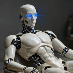 portrait of a futuristic bone ceramic guapo humanoid robot Spanish with a handsome face with blue laser eyes and muscular body reclining, macho, piroca, dotado, guapo, matte surface, trending on cgsociety