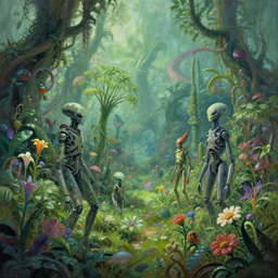 alien landscape by simon stalenhag, beeple, makoto shinkai, digital painting, trending on artstation, beautiful, weird, another universe, alien foliage plants, alien flowers, robot