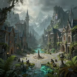 city square in the dwarven metropolis of water and ferns, located between the mountains. airbrush and metallic paints by award - winning visual concept artist, gothic horror, romanticism, depth of field, backlighting