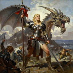An oil painting of a beautiful blonde viking woman posing with a war banner and sword on a battlefield, dragon scale armor, aesthetic face, by Frank Frazetta, Greg Rutkowski, Boris Vallejo, Neal Hanson, Christian MacNevin, epic fantasy character art, goddess of war, goddess of anger, high fantasy, full length, exquisite detail, post-processing, low angle, masterpiece, cinematic, colossal dragon in background