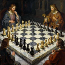 A beautiful 3D painting of a sprawling intricate chess board populated by elegant chess pieces by maxfield parrish and Andreas Rocha and nicola samori and arthur rackham, volumetric lighting, dynamic lighting, dramatic lighting, high contrast, concept art, marble, religious, magic realism, catholicpunk, stark, trending on artstation
