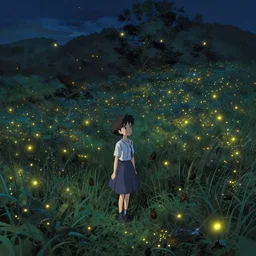 a field at night filled with hundreds of firefly lightning bugs. By Makoto shinkai. By Nikolay Makovsky.