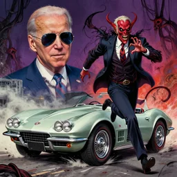 Joe Biden, wearing aviators, kills God by running him over in a 1967 Corvette Stingray,eEvil, chaos, ornate, horror, detailed, colorful