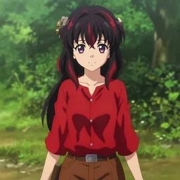 wearing full clothing in full clothing red shirt brown pants, beautiful anime woman, black and red hair hair, galaxy eyes, clockpunk, symmetrical face, symmetrical eyes, full round face, short smile, detailed, summer setting, cinematic lighting, medium shot, mid - shot, makoto shinkai, artgerm, ilya kuvshinov, loish